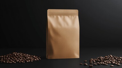 minimalist kraft paper coffee bag mockup with scattered aromatic roasted beans on a dark backdrop for brand presentation and packaging design