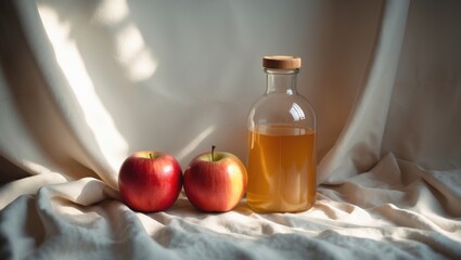 nutritious natural produce Fresh red apples alongside a glass bottle of apple cider vinegar on a light background.