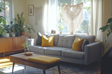 Cozy living room with natural light, comfortable gray sofa, and warm yellow accents.