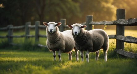 Fototapeta premium sheep grazing in a field next to a fence