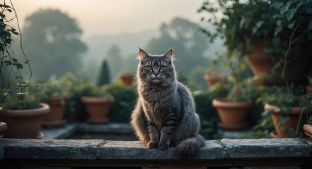 Elderly cat relaxing on a garden terrace at 18 years old