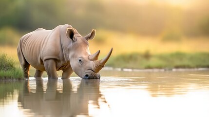 White rhinoceros quenches thirst at a serene pond during golden hour