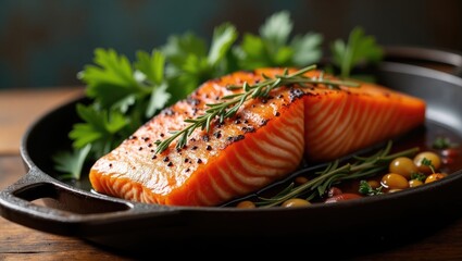 Seared salmon pieces garnished with herbs in a rustic baking dish.
