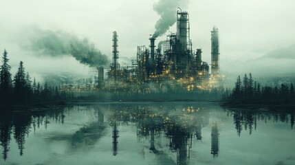 Obraz premium Foggy mountain lake reflecting polluted factory