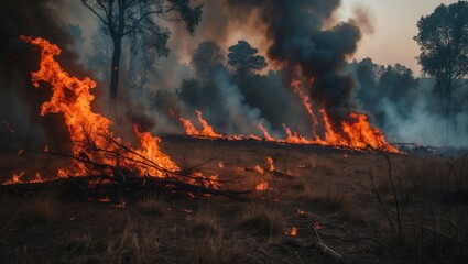 intense wildfires ignite. flames engulf the dry grass in a field, creating an environmental disaster. smoke and fire obliterate all forms of life. firefighters work to control the massive blaze ami...