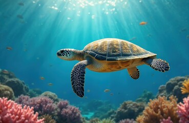 Obraz premium Sea turtle swims in ocean through coral reef with marine wildlife. Tropical underwater ecosystem with blue water, sunlight. Flora, fauna of aquatic environment. Marine animal swims freely in nature.