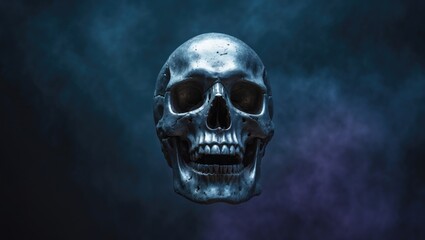 Fototapeta premium the idea of Halloween festivities featuring a metallic skull with an open mouth against a blue backdrop. render.