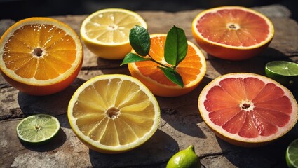 halved citrus fruits featuring orange, lemon, lime, and grapefruit