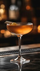 A beautifully crafted cocktail, garnished with a twist of lemon, rests in a stylish glass on a polished bar. Soft lights create a cozy atmosphere, perfect for evening enjoyment