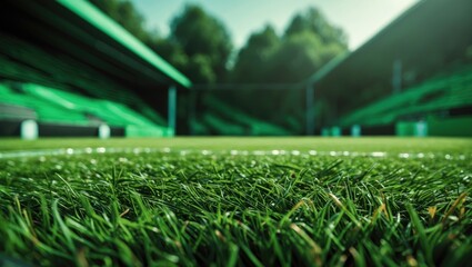 Naklejka premium Lush green grass on a soccer field with a backdrop of artificial turf and textured foreground.
