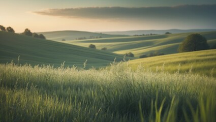 Obraz premium scenic rural landscape view. Lush, tall grass thriving on a warm summer evening. serene countryside scenes with a focus on the foreground.