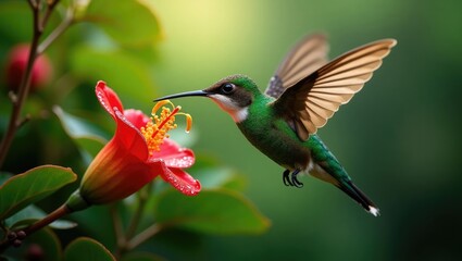 Fototapeta premium Rare Green Hermit Hummingbird, Phaethornis guy, from Costa Rica, depicted in flight near a vibrant red flower in a rainy tropical forest, showcasing a feeding moment in its natural habitat.