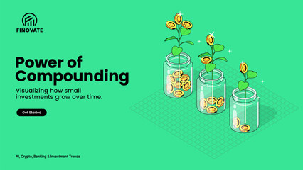 Power of Compounding – Financial Growth Concept with Money Plants and Investment Jars – Business and Wealth Illustration