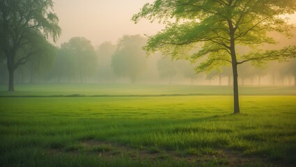 scenic morning light illuminating a public park featuring a lush green meadow and a young tree, offering a perspective suitable for diverse applications