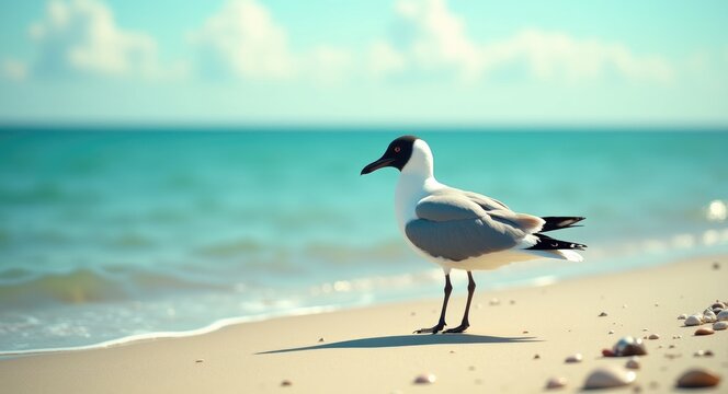 Seagull strolling along the shore. A solitary black-headed seagull on the sandy beach of the Baltic Sea. Chroicocephalus ridibundus. - Powered by Adobe