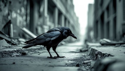 Lonely crow scavenging for food in a city environment.
