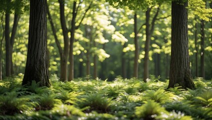 Obraz premium In a forest clearing, sunlight gracefully highlights the lush green canopies of the tall beech trees.