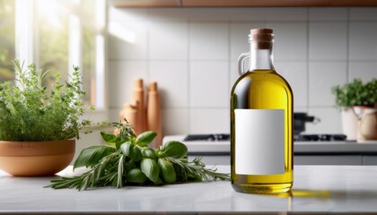 Olive oil bottle mockup with a minimalist label, placed on a kitchen counter with fresh herbs, creating a clean and natural look, ideal for food branding or culinary design concepts.
