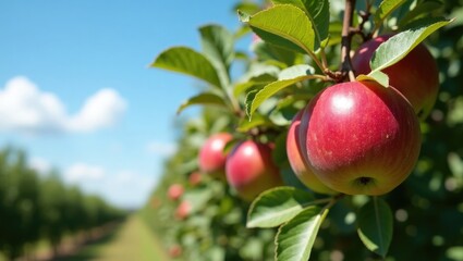 Obraz premium crimson apples hanging from branches in an orchard