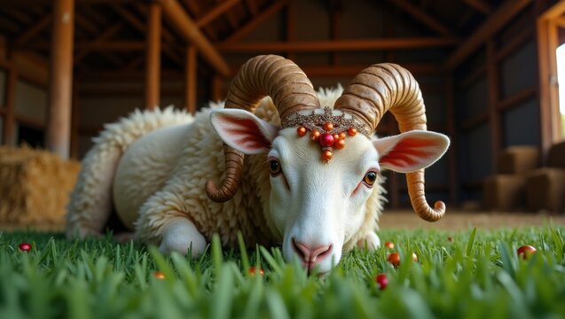 In a barn, a sheep grazes on grass. In Indonesia, these sheep are referred to as domba garut, specially prepared for Eid al-Adha.