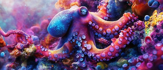 Obraz premium Highly intelligent octopus morphs skin color texture match vibrant coral reef creating mesmerizing display of adaptive camouflage shifting hue glow under crystal clear water Hyper realistic texture