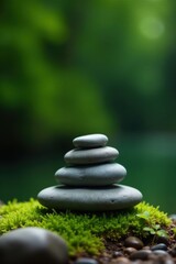 Obraz premium Serene Stack of Stones on Lush Green Moss in a Tranquil Natural Setting