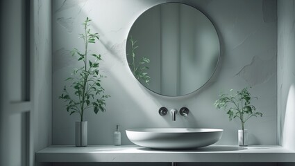 Elegant bathroom featuring white masonry, a stylish sink, and potted plants on the shelf, accompanied by a circular mirror mockup.