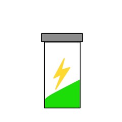 Illustration of the green battery charge indicator or status icon. 100%, fully charged, volts.