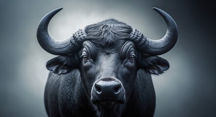 Portrait of a domestic buffalo's head and neck. These creatures represent the domesticated variety of the water buffalo.
