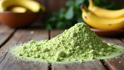 Banana flour in green hue, placed on a wooden surface, nutritious food, focused detail, country style, landscape orientation, no people present, gluten-free vegetable flour, unripe bananas, cooking...