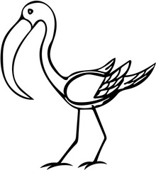 A black-and-white cartoon design of a flamingo, standing gracefully with one leg raised, featuring exaggerated long neck, quirky eyes, and playful lines for a whimsical, charming look.

