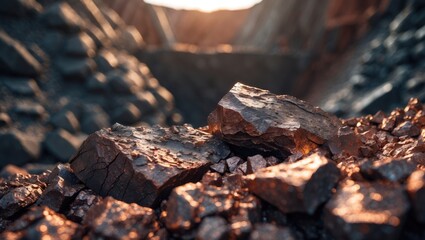 Fototapeta premium Close-up of iron ore texture - natural minerals found in mining sites. Rock texture from an open pit. Extraction of minerals for industrial use - showcasing the mineral composition of rocks contain...