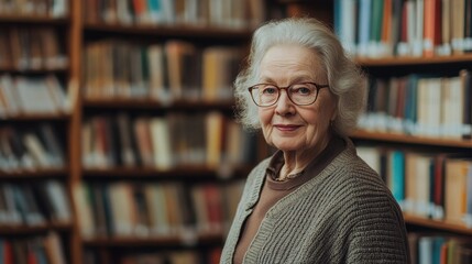 An elderly female librarian stands confidently in a cozy library, surrounded by shelves of books. Her warm demeanor reflects years of knowledge and dedication to education.