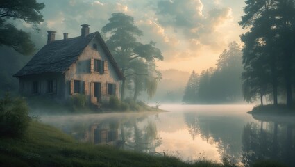 Fototapeta premium Cottage beside a scenic lake