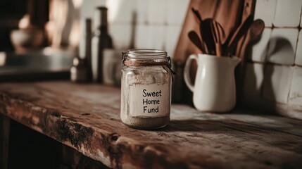 Savings for future goals Concept. A rustic kitchen scene featuring a jar labeled "Sweet Home Fund" on a wooden countertop with various kitchen utensils in the background.