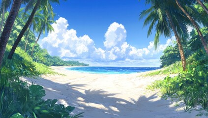 Tropical beach paradise scene with lush vegetation, white sand, and turquoise water under a partly cloudy sky.
