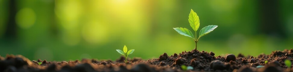 Naklejka premium Two young oak trees sprout from one acorn; one thrives, one struggles, contrast, tree