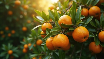 tiny oranges and unripe green ones, ripening process of oranges in an orchard