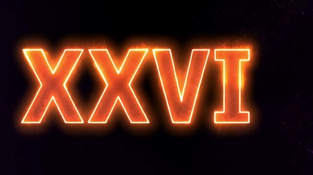 Multi colored inscription roman numerals xxvi with light colored spots floating inside looped alpha channel at the end. 4K footage download