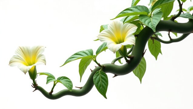 Large, tangled jungle vines with wild morning glory leaves and blooms are displayed on a white background, complete with a clipping path.