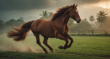 image of a stunning chestnut Marwari mare galloping in a paddock in India.