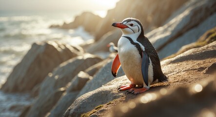 Joyful rockhopper penguin basking in the sun on the shoreline