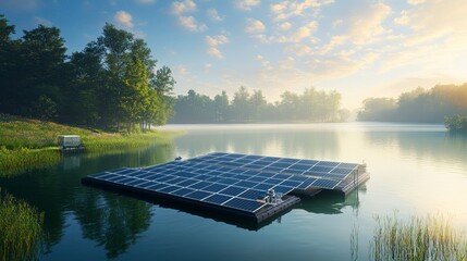 Serene Floating Solar Farm on a Peaceful Lake Surrounded by Lush Greenery