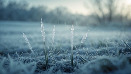 Obraz premium During winter, grass is frosted over. Spring grass peeks through the snow. Close-up of frost on grass. A scene from late autumn or early winter. Spring frosts.