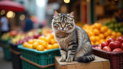 HONG KONG, HONG KONG - Nov 20, 2021  A close-up portrait of a domestic cat perched on a crate in a Wholesale Fruit Market in Hong Kong, China.