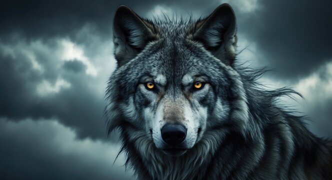 Wolf portrait set against a backdrop of a cloudy sky