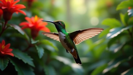 Fototapeta premium Hummingbird amidst vibrant red flowers in a forest setting. Green Violet-ear, Colibri thalassinus, showcasing its flight in the tropical wooded area of Savegre, Costa Rica. A wildlife moment captur...
