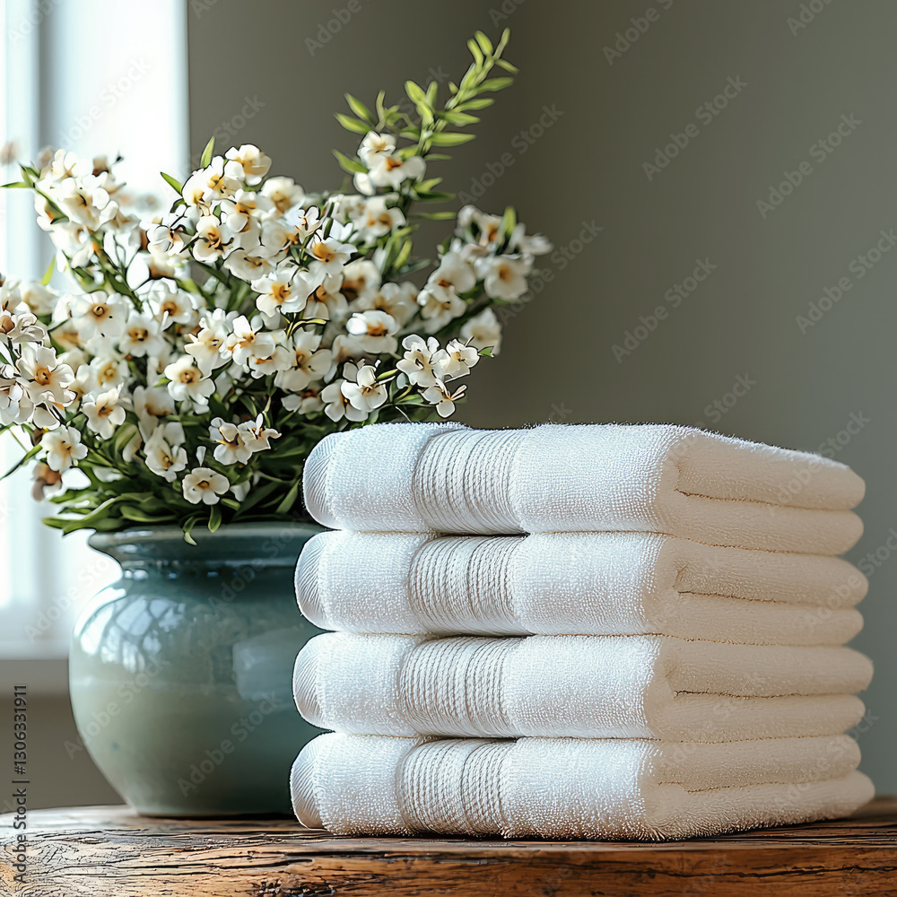 Poster fresh white towels stacked neatly beside vase of delicate flowers, creating serene and inviting atmo