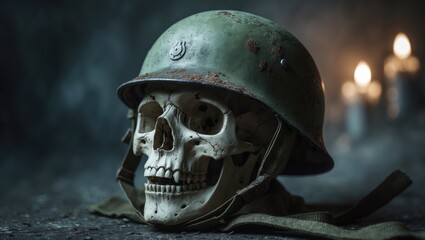 military helmet adorned skull