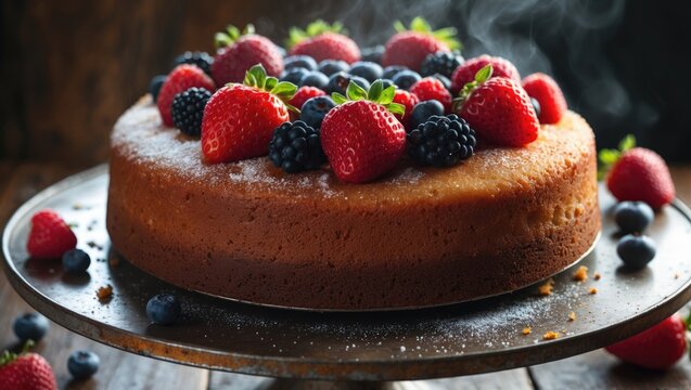Homemade inverted cake topped with an assortment of organic berries, featuring strawberries, blueberries, blackberries, and raspberries.